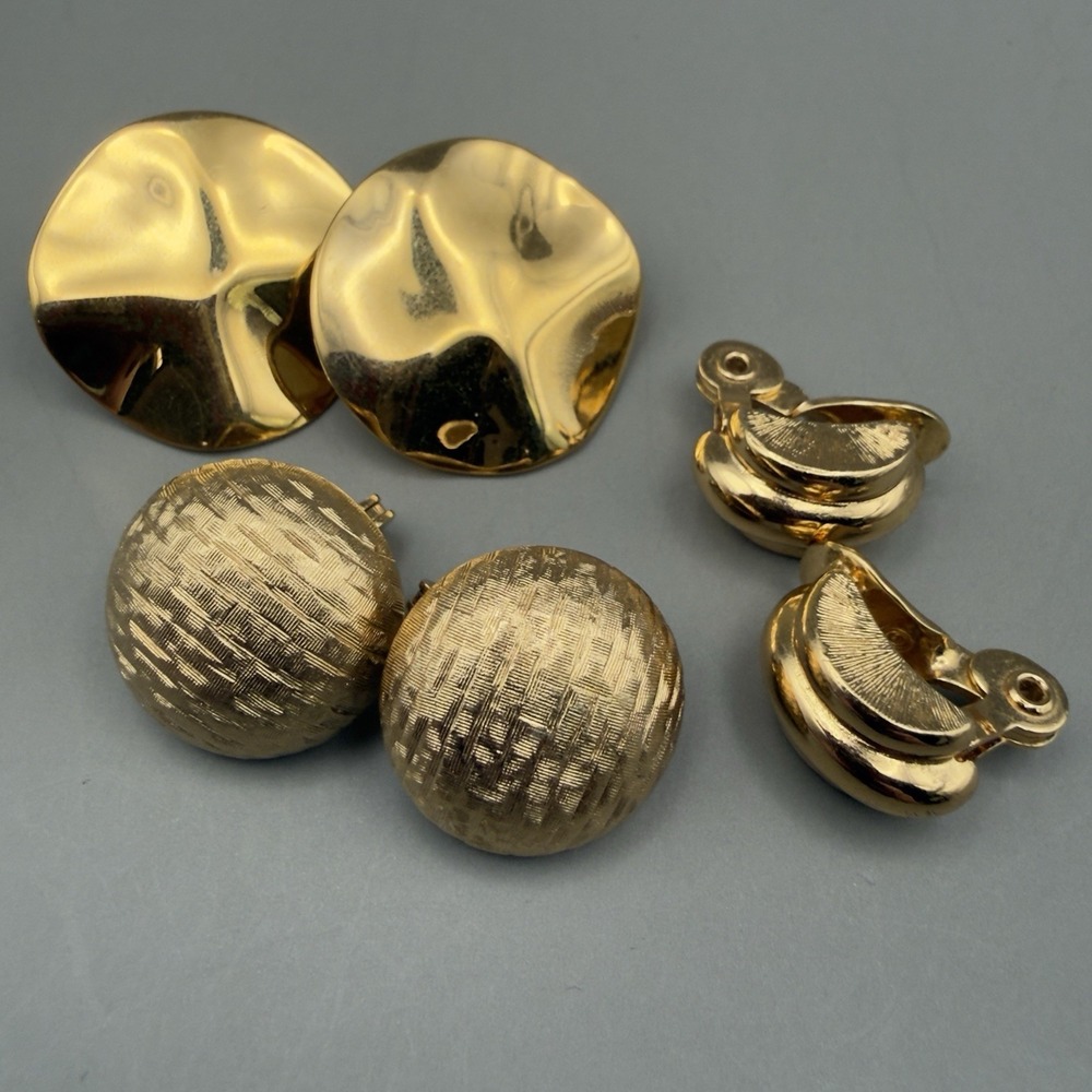Monet Clip On Earrings Lot 3 Pair Gold Tone Textured Dome Wavy Disc Ribbed Retro